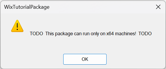 Windows Installer message box showing launch condition failure message on an Arm64 device